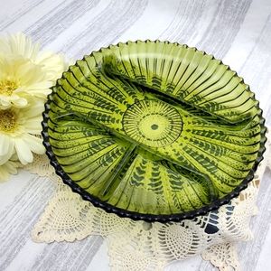 Vintage Indiana Glass Green Divided Serving Round Platter